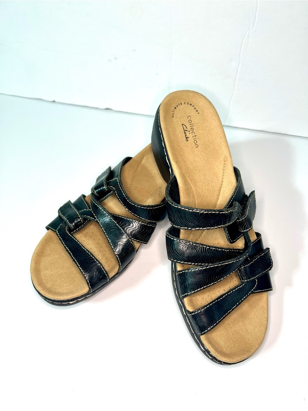 Clarks Black Multi-Strap Slip-On Sandals